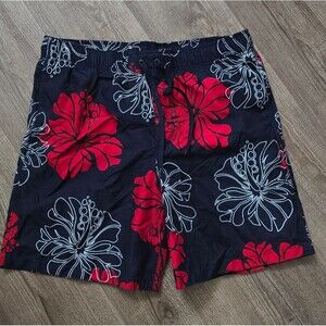 Merona men's Hawaiian floral print, red & black swim trunks size medium